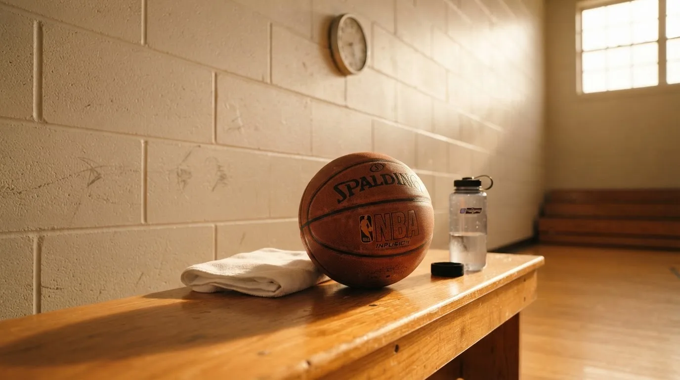 Ein Basketball liegt auf einer Bank vor einer Hallenwand, daneben ein Handtuch und eine Wasserflasche im warmen Licht.