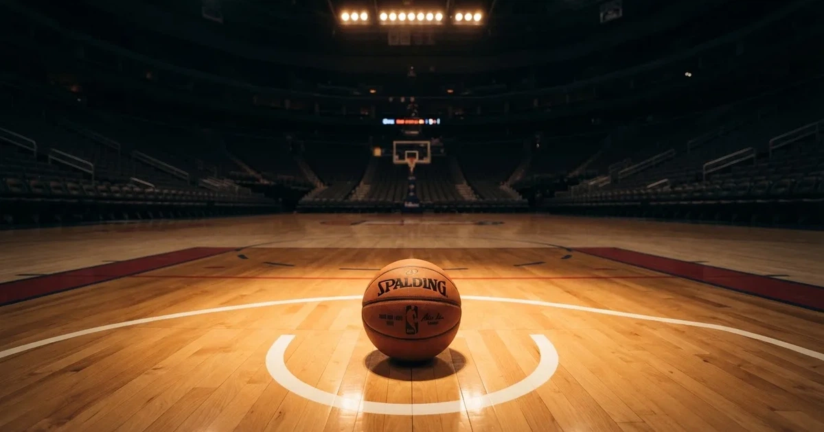 Ein Basketball liegt auf dem Parkettboden einer leeren Arena, Scheinwerfer werfen Licht auf die Mittellinie.