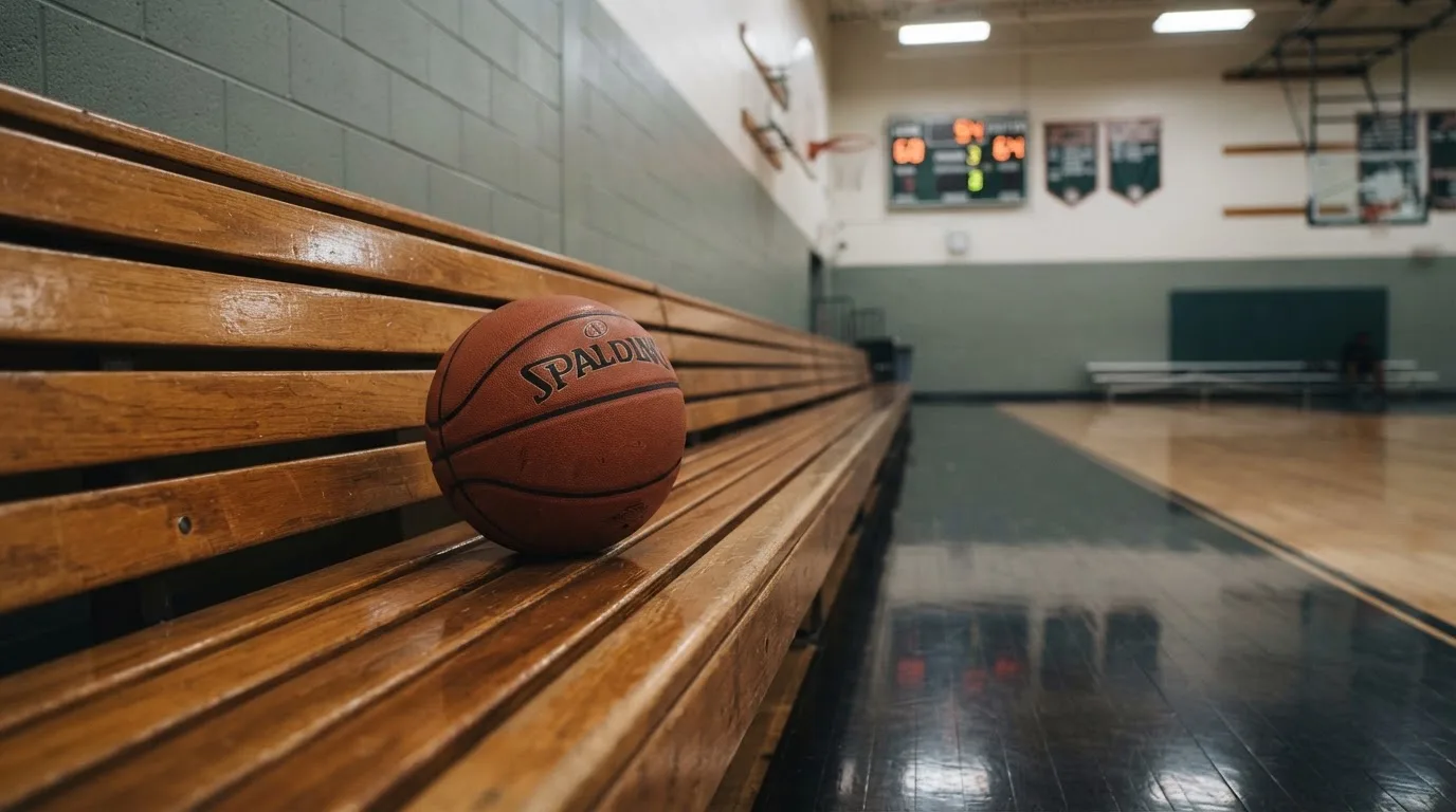 Mehrere Basketbälle liegen in einer Reihe auf einer Holzbank in einer Trainingshalle.