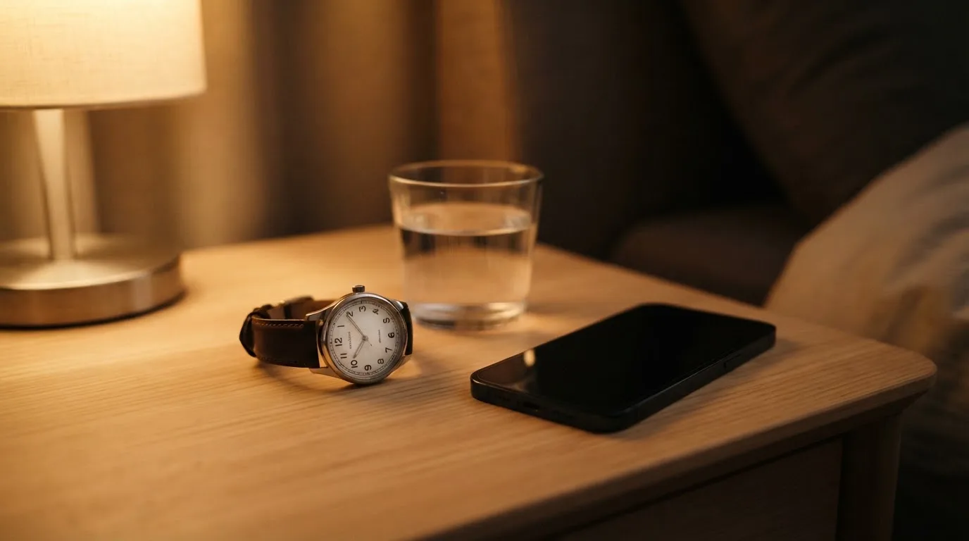 Eine Armbanduhr und ein Glas Wasser stehen auf einem Nachttisch, daneben liegt ein Smartphone mit dunklem Bildschirm.